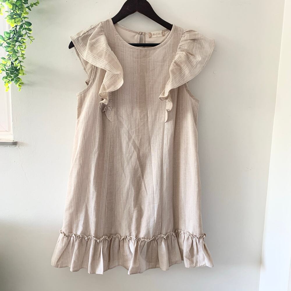 Altar'd State Cream Tan Striped Mini Dress Ruffled Sleeves